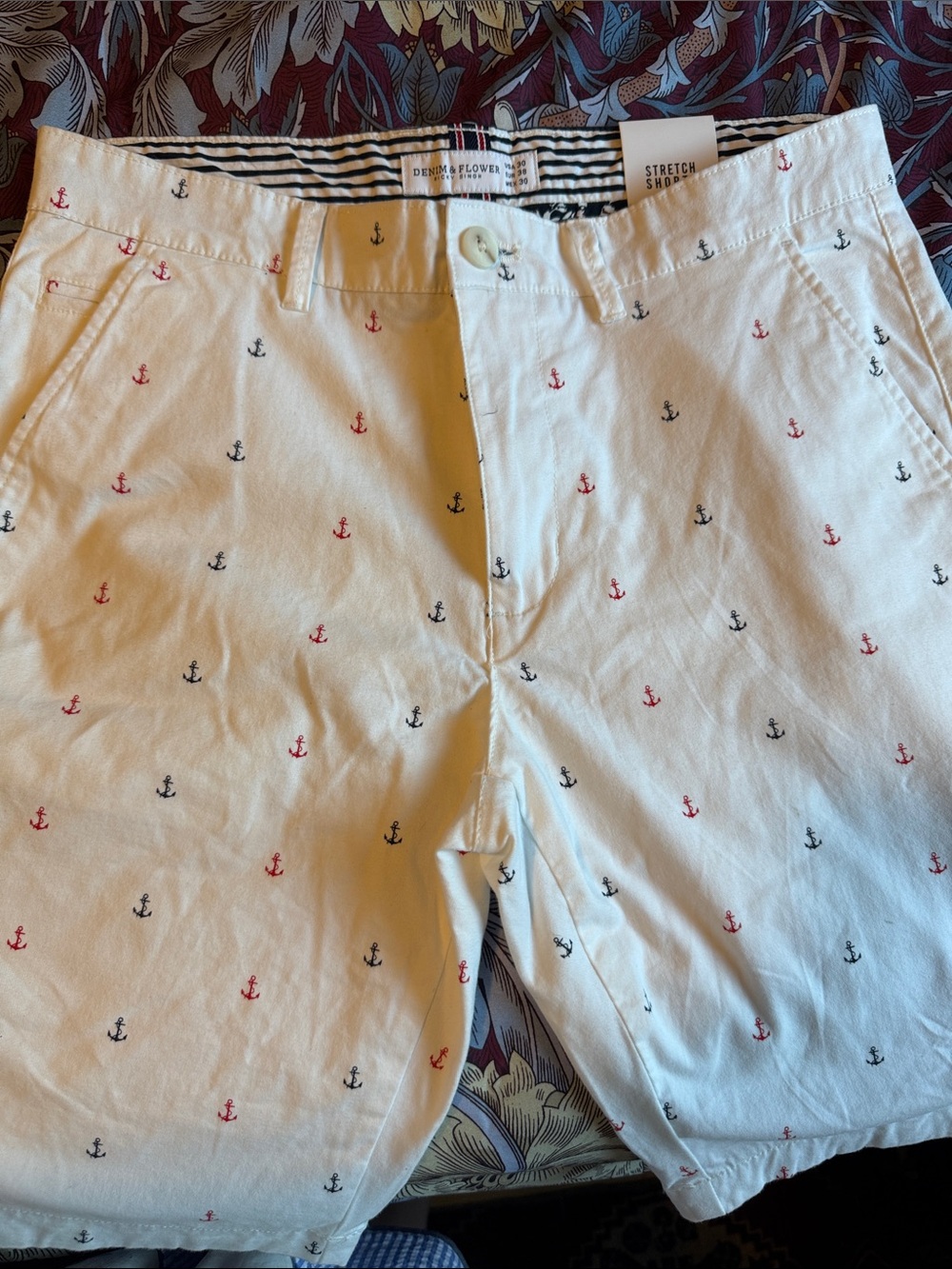 Denim & Flower White Men's Anchor-Print Flat Front Shorts